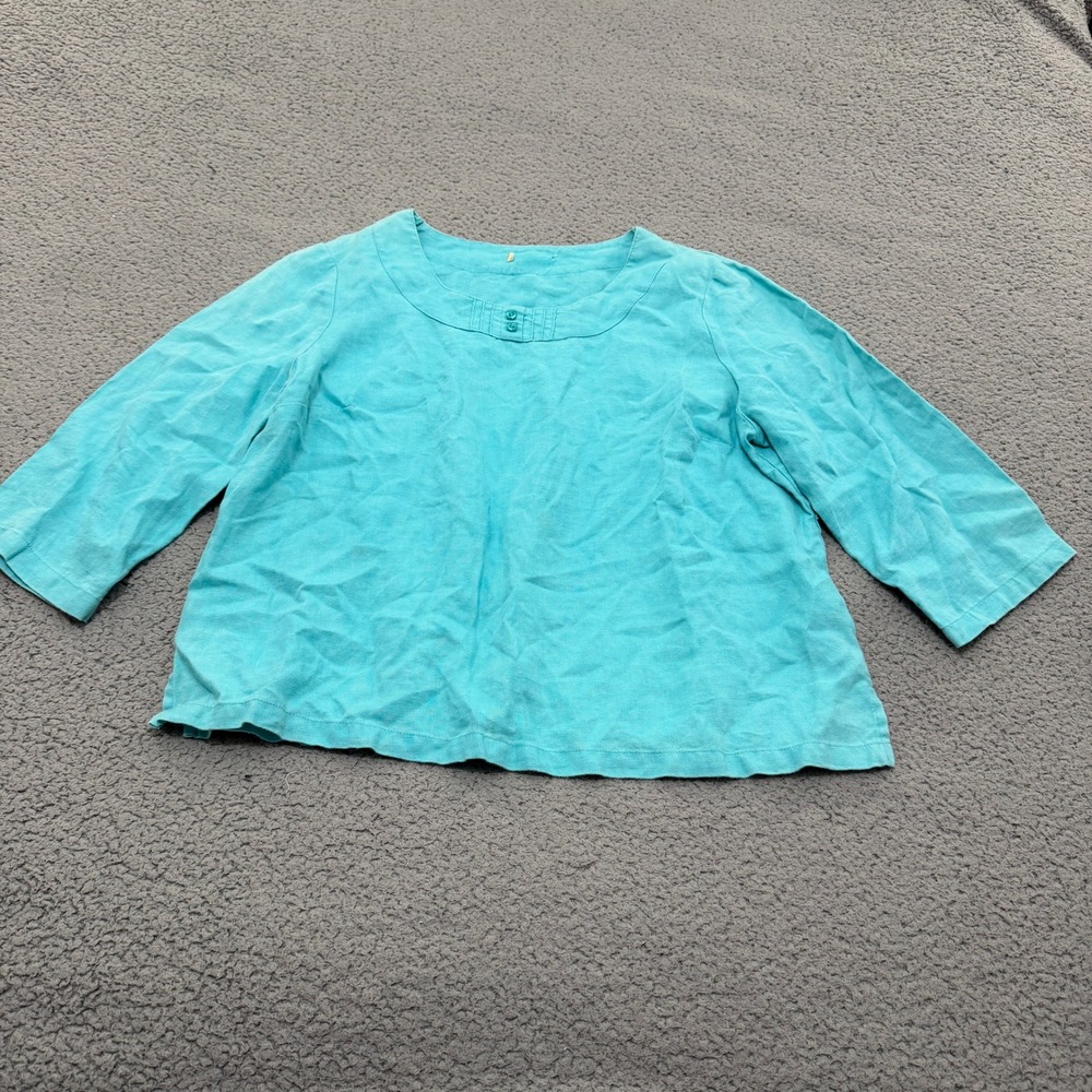 Turquoise 100% Linen 3/4 Sleeve Blouse Scoop Neck Pleated Top Large